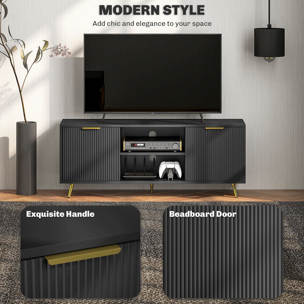 Black TV stand with ribbed doors and slim gold handle accents, open center media area