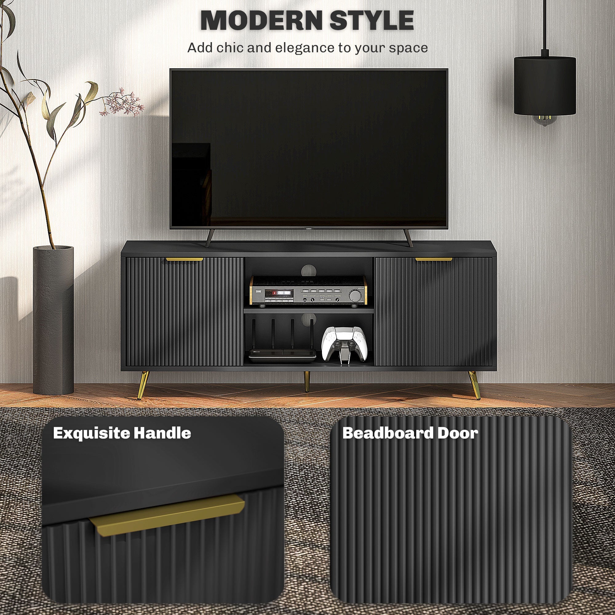 Black TV stand with ribbed doors and slim gold handle accents, open center media area