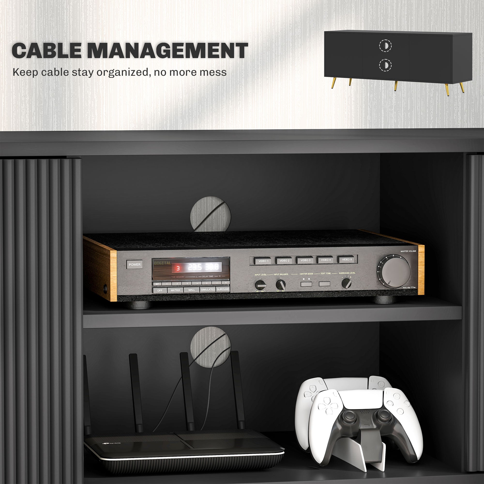 Black TV stand interior with open shelves for media devices and game controller
