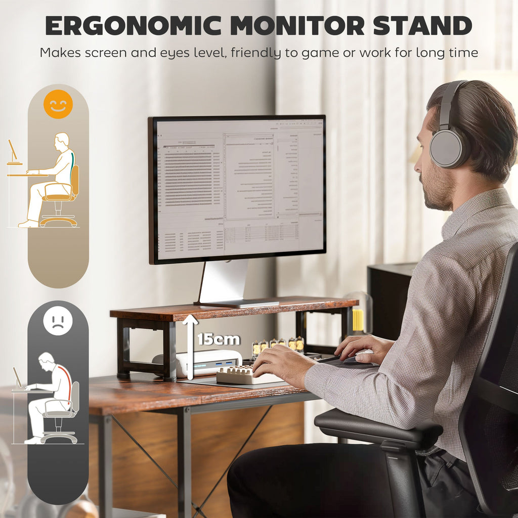 Reversible L-shaped desk with ergonomic monitor stand and rustic brown tier shelf