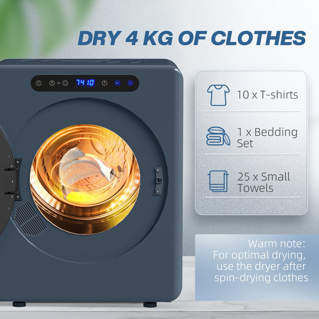 Blue compact tumble dryer with front door window and top control panel