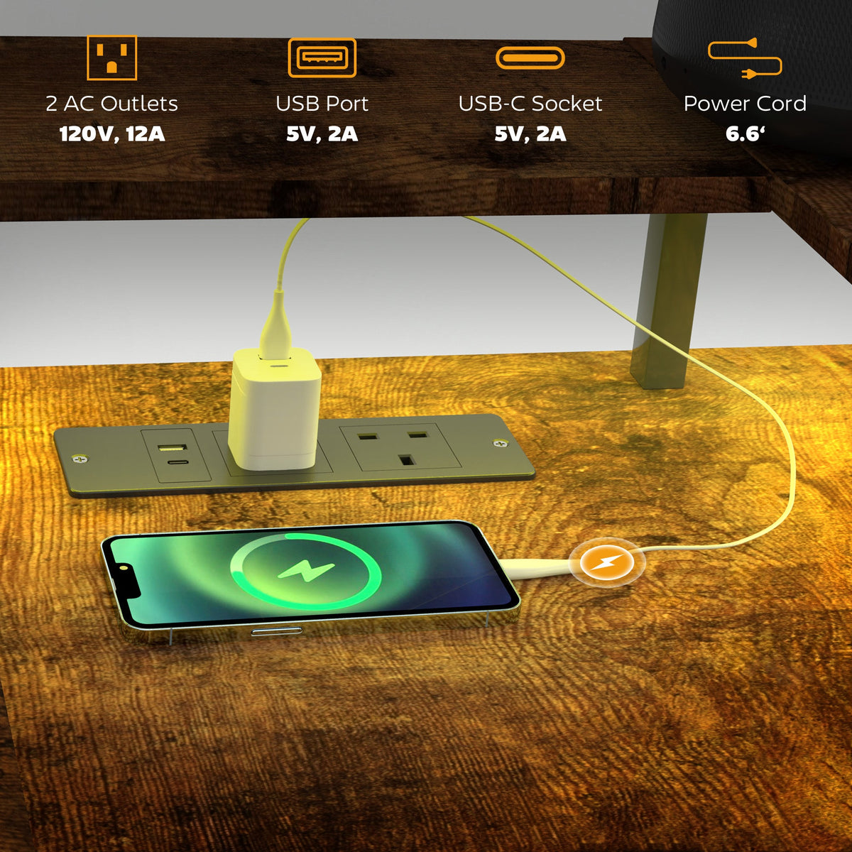 Rustic brown desktop power strip with outlets and USB ports mounted on desk