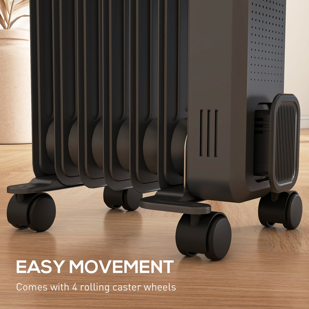 Grey oil-filled radiator heater base with 4 caster wheels and vented side grille