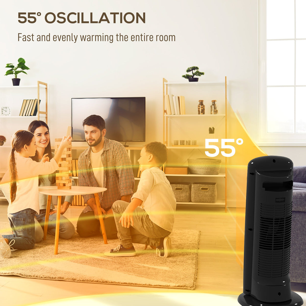 Black ceramic space heater on base with glowing heating tube and rounded top
