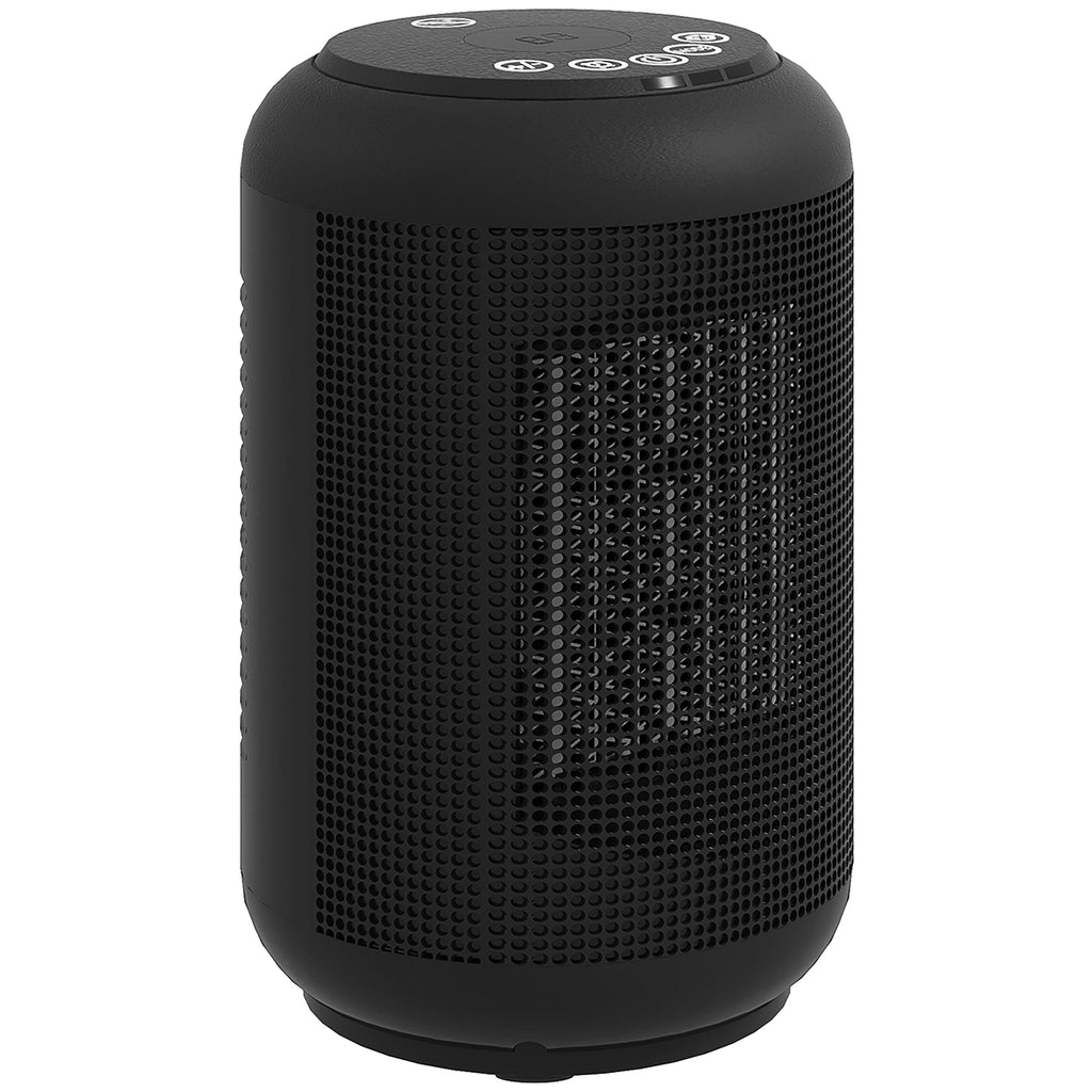Black ceramic electric heater close-up with top control buttons and front mesh grille