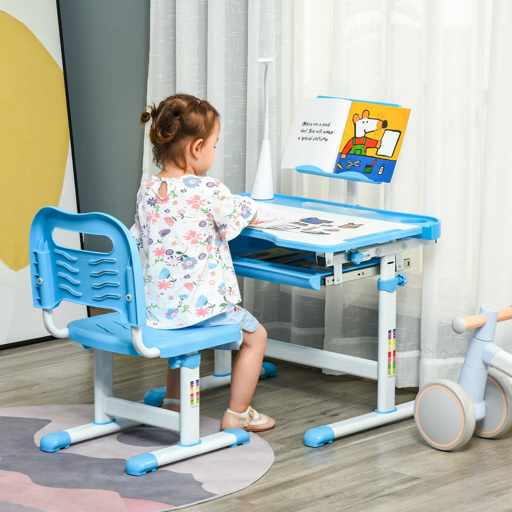 Kids study desk and chair set, blue chair and desk with child seated at the tabletop