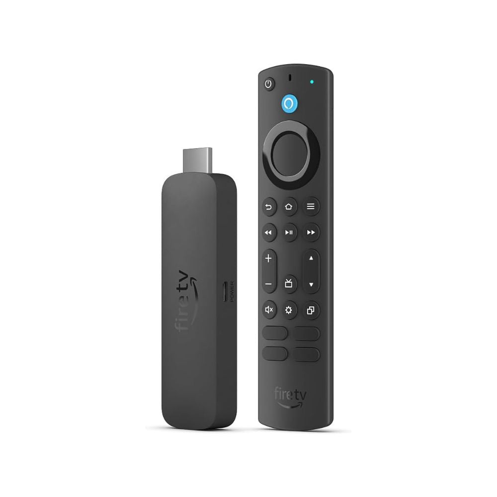 Black Fire TV streaming stick and matching Alexa remote with buttons