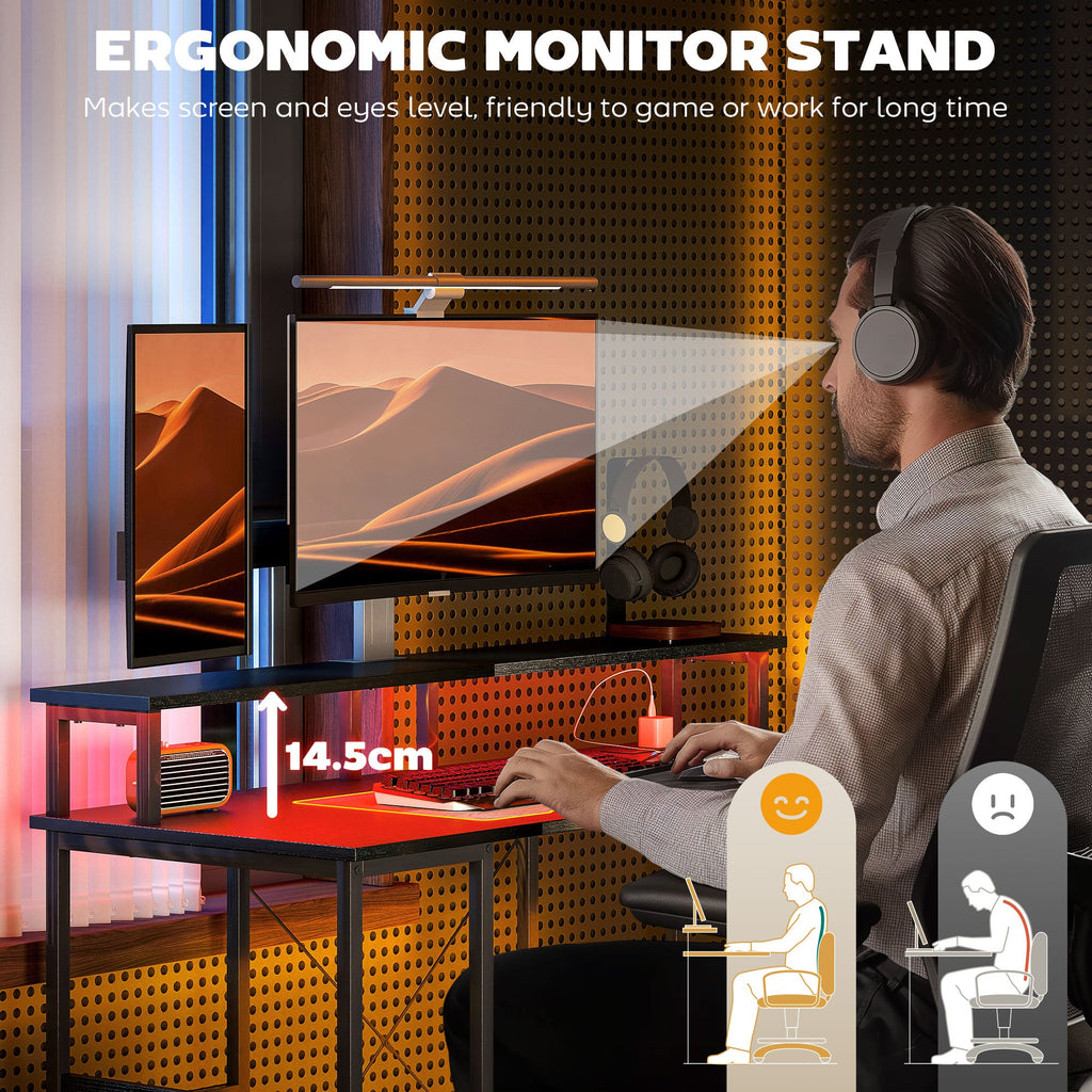 Black monitor stand desk with top shelf and side storage for raised screen and keyboard