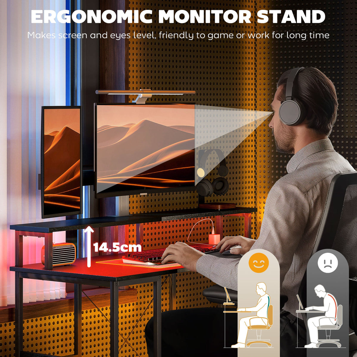 Black monitor stand desk with top shelf and side storage for raised screen and keyboard