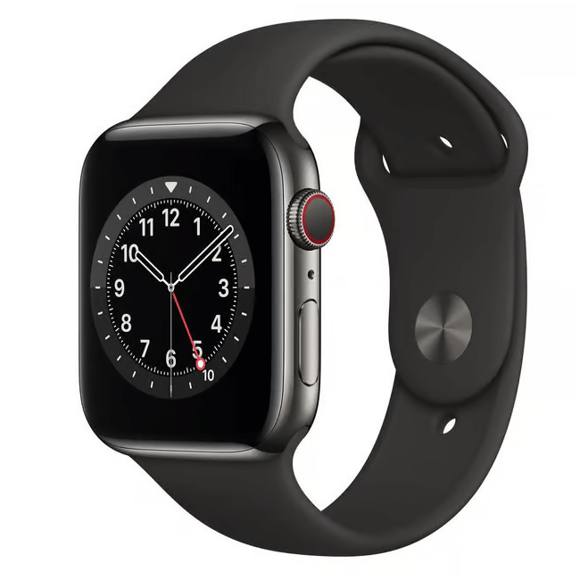 Black stainless smartwatch with black face and black silicone band.