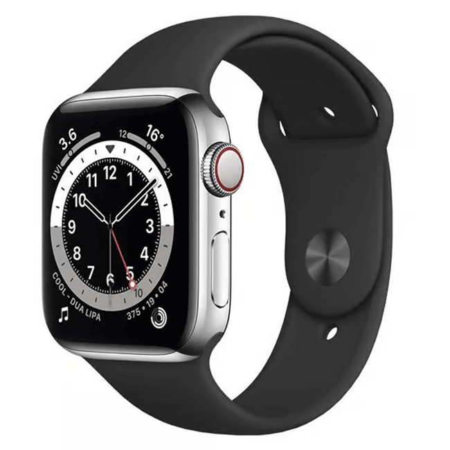 Stainless smartwatch with black face and black silicone sport band.