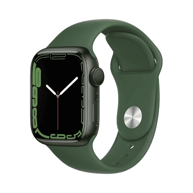 Midnight Green Apple Watch Series 7 41mm cellular unlocked; side view; sport band; watch face.