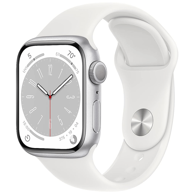 Apple Watch with silver case and white band, side buttons and crown visible