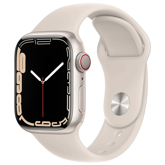 Starlight Apple Watch Series 7 41mm cellular unlocked; side view with sensor dial; watch face.