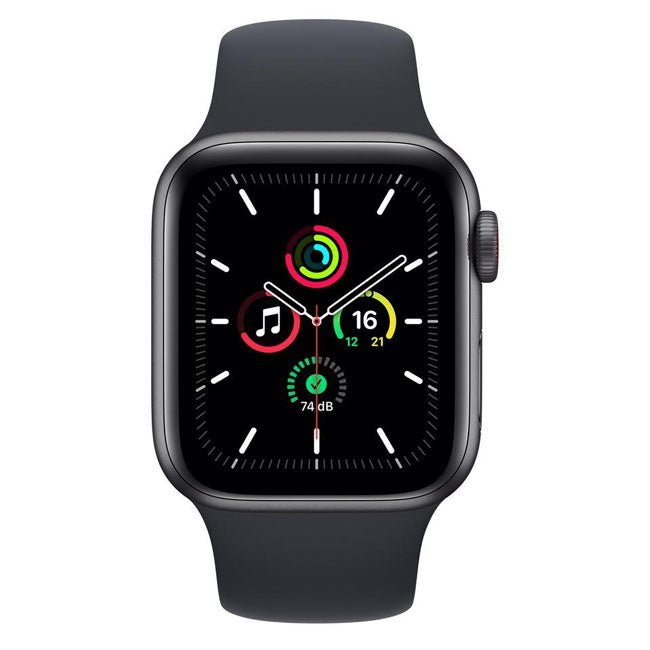 Space gray smartwatch with black silicone band and colorful app clock display