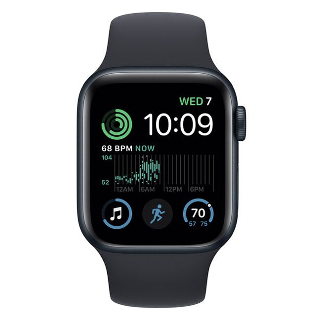 Apple Watch with black sport band and square screen, time 10:09
