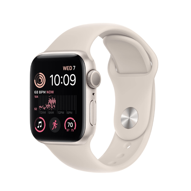 Apple Watch with light beige sport band, square screen and side button