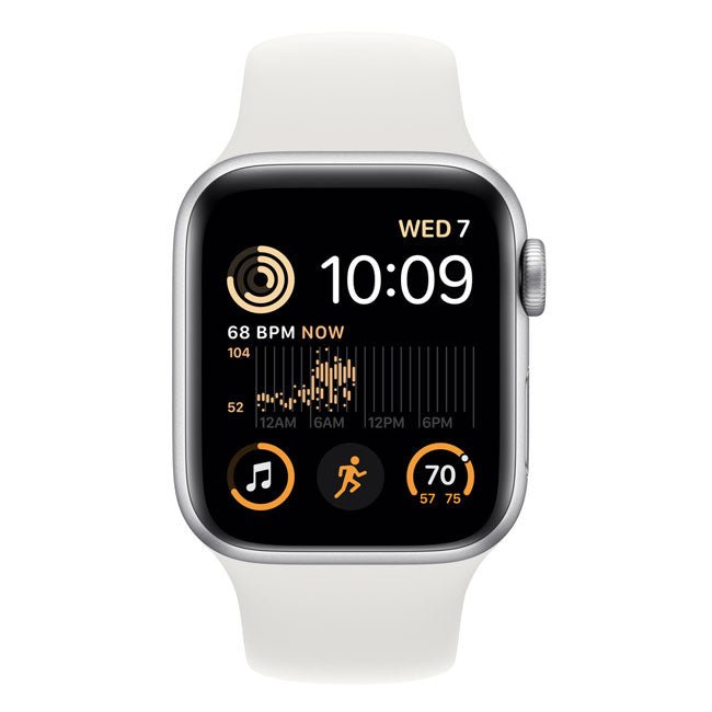 Apple Watch with white sport band and square screen, time 10:09