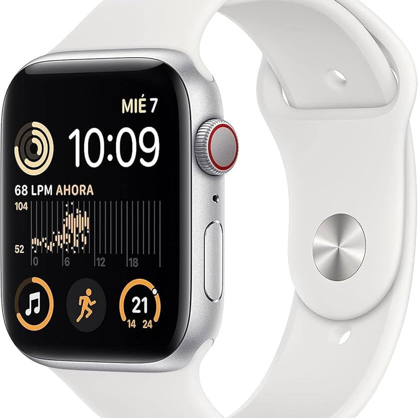 44mm smartwatch with white silicone band, side buttons visible, black screen showing 10:09