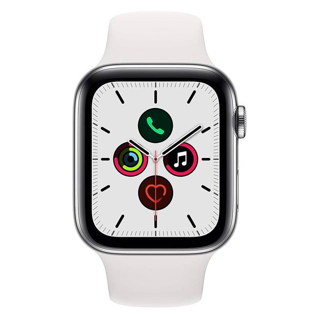 Apple Watch Series 5 44mm with silver stainless case and white sport band