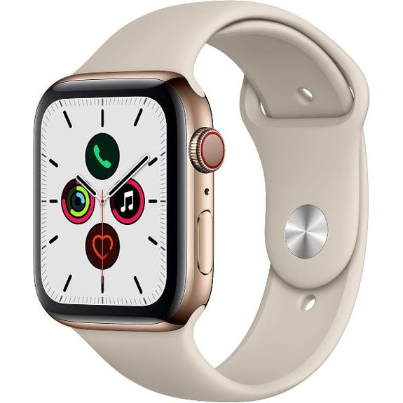 Apple Watch Series 5 44mm with gold stainless case and beige sport band