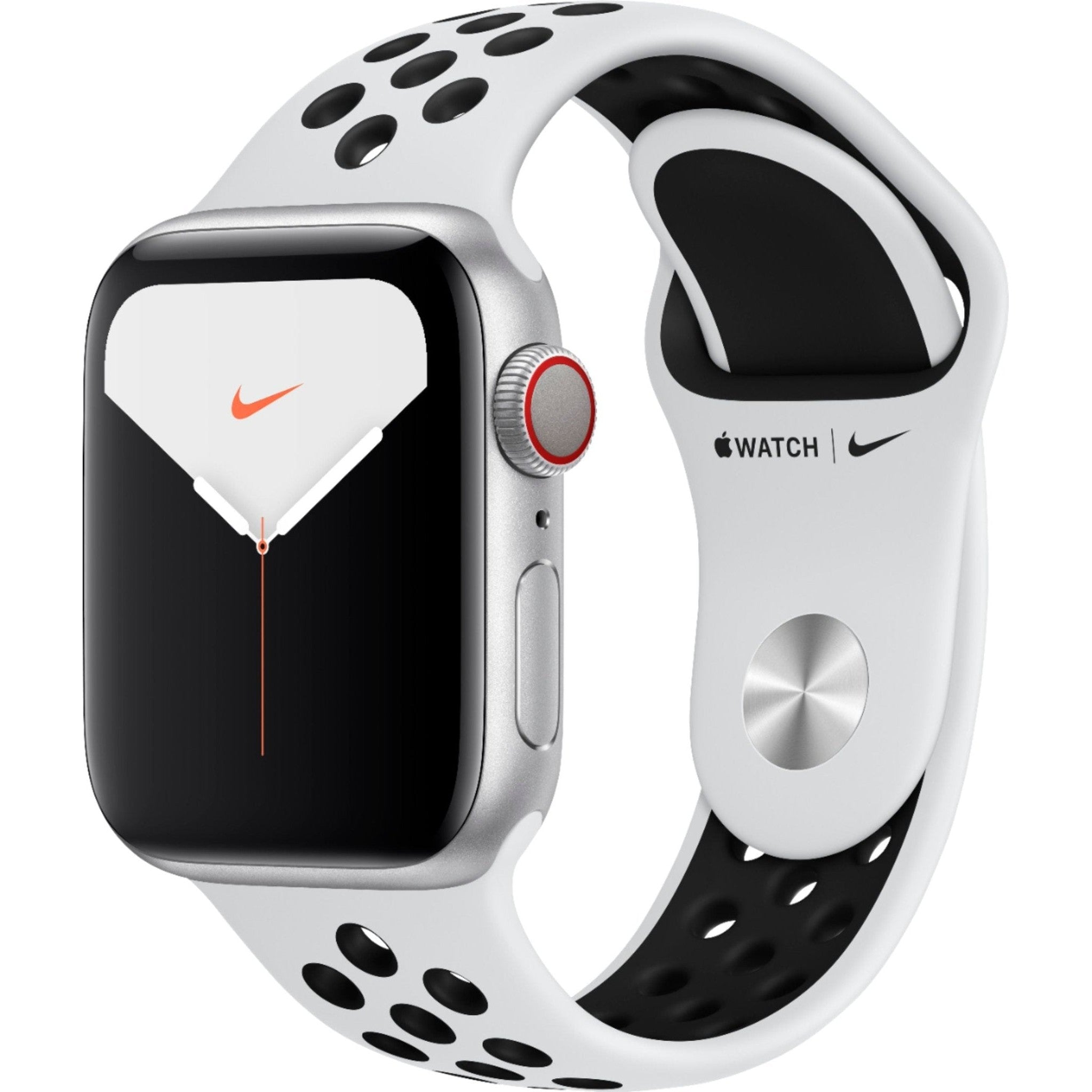 Apple Watch Series 6 smartwatch with silver case and white perforated Nike band, black screen.