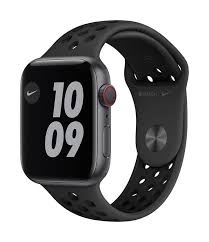 Smartwatch with black case, black perforated Nike band, digital watch face displaying 10:09.