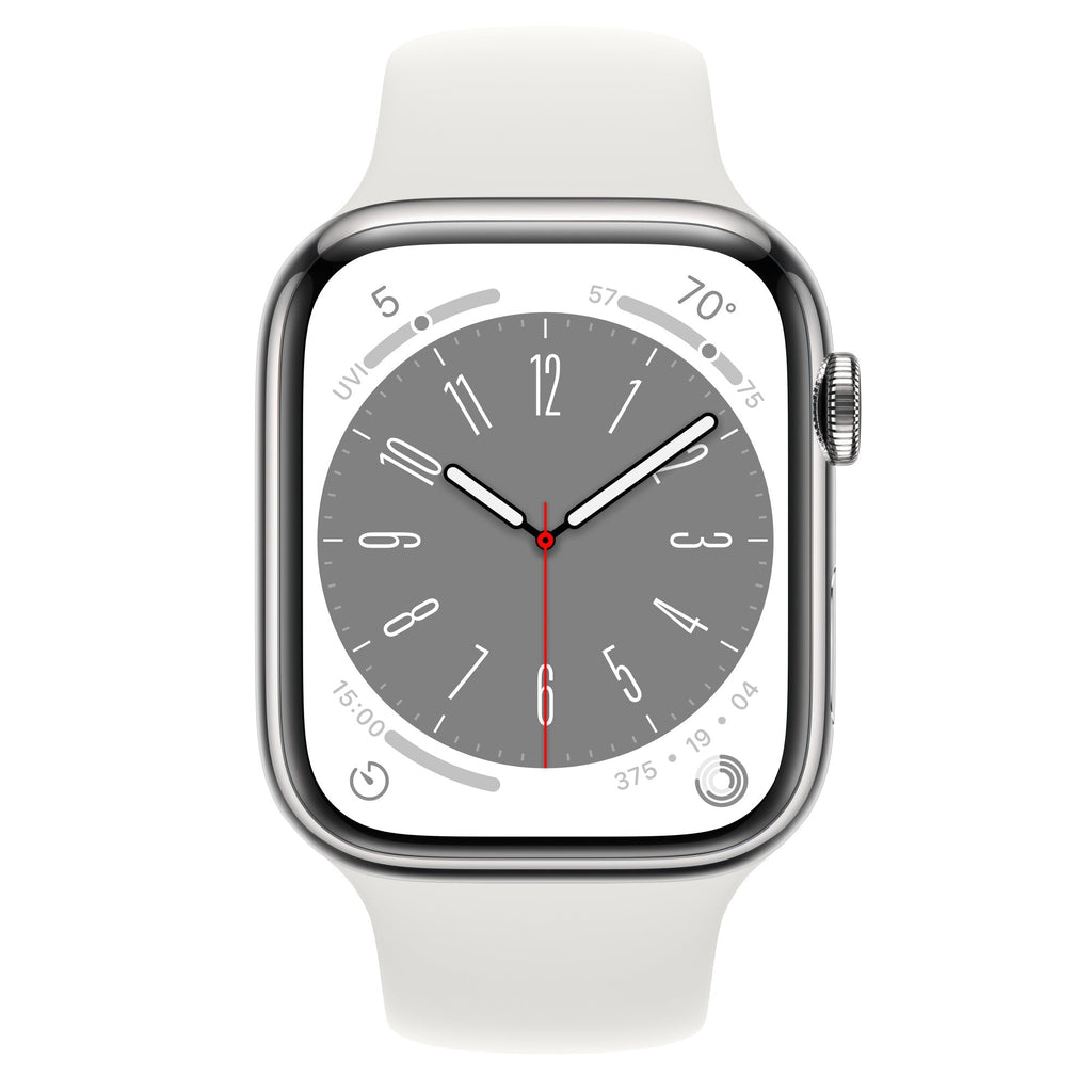 Apple Watch Series 7 41mm watch with silver case and light beige silicone band, clock face