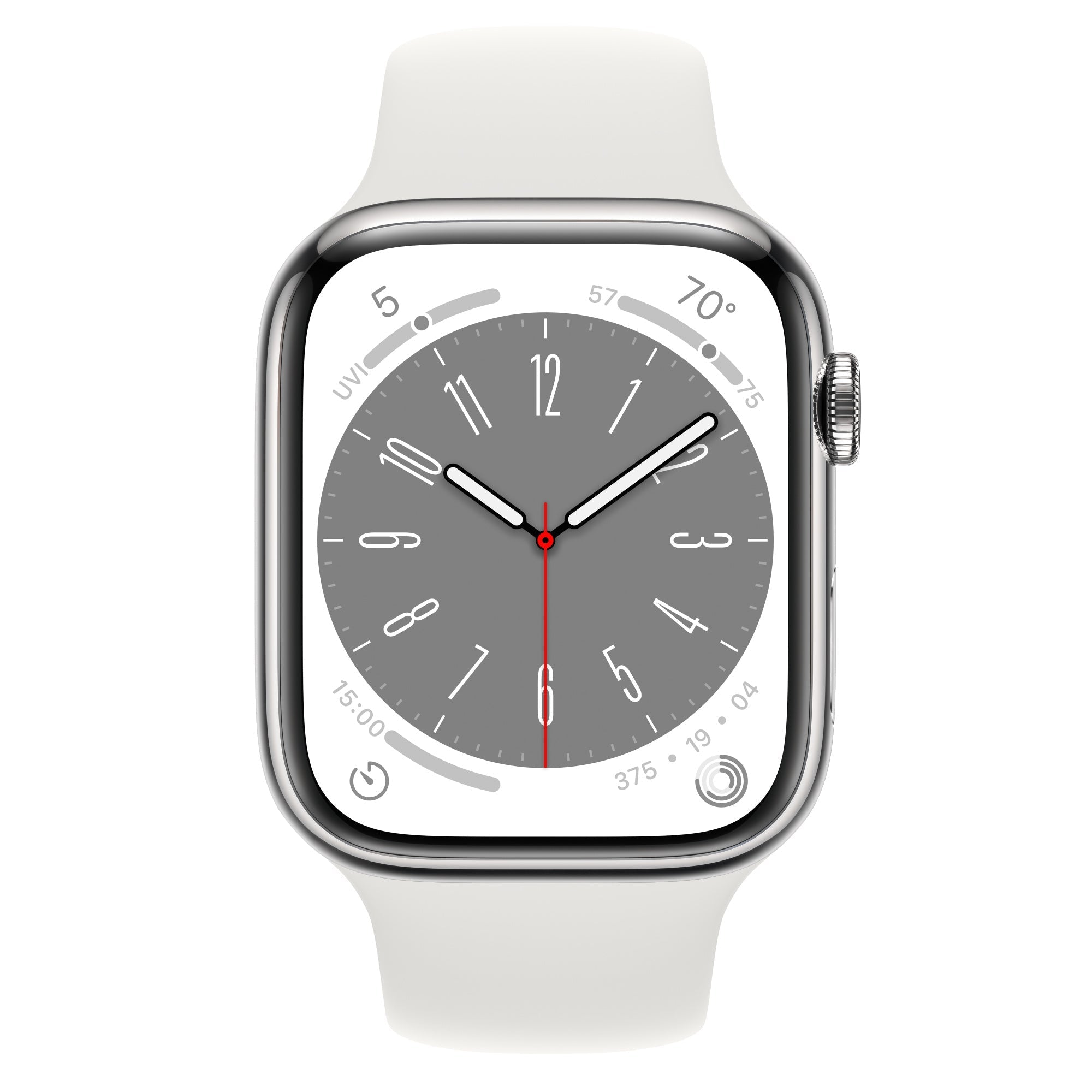Apple Watch Series 7 41mm watch with silver case and light beige silicone band, clock face