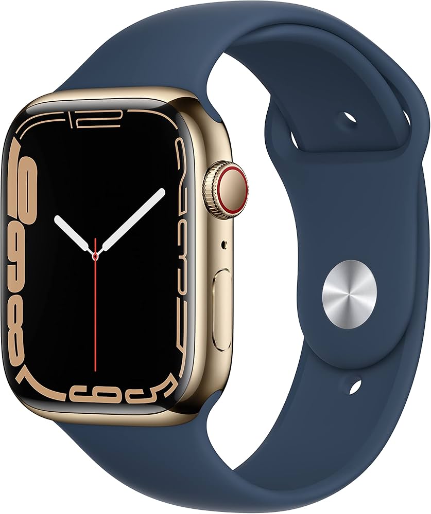 Apple Watch Series 7 45mm side view with blue band and gold-tone case