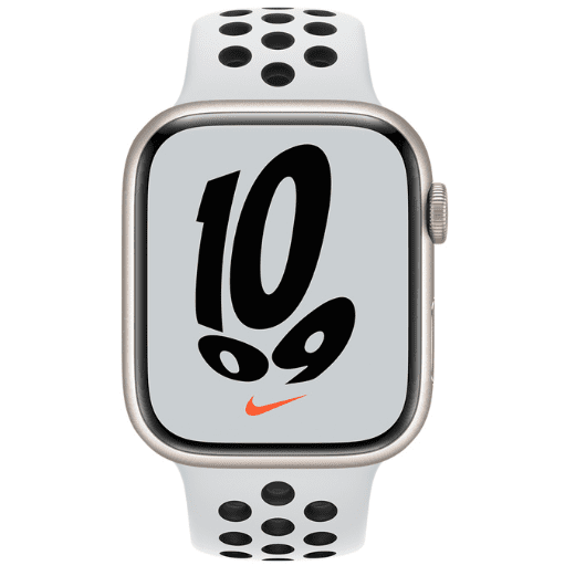 Refurbished Apple Watch Series 7 45mm Nike Edition with white perforated band; orange Nike logo