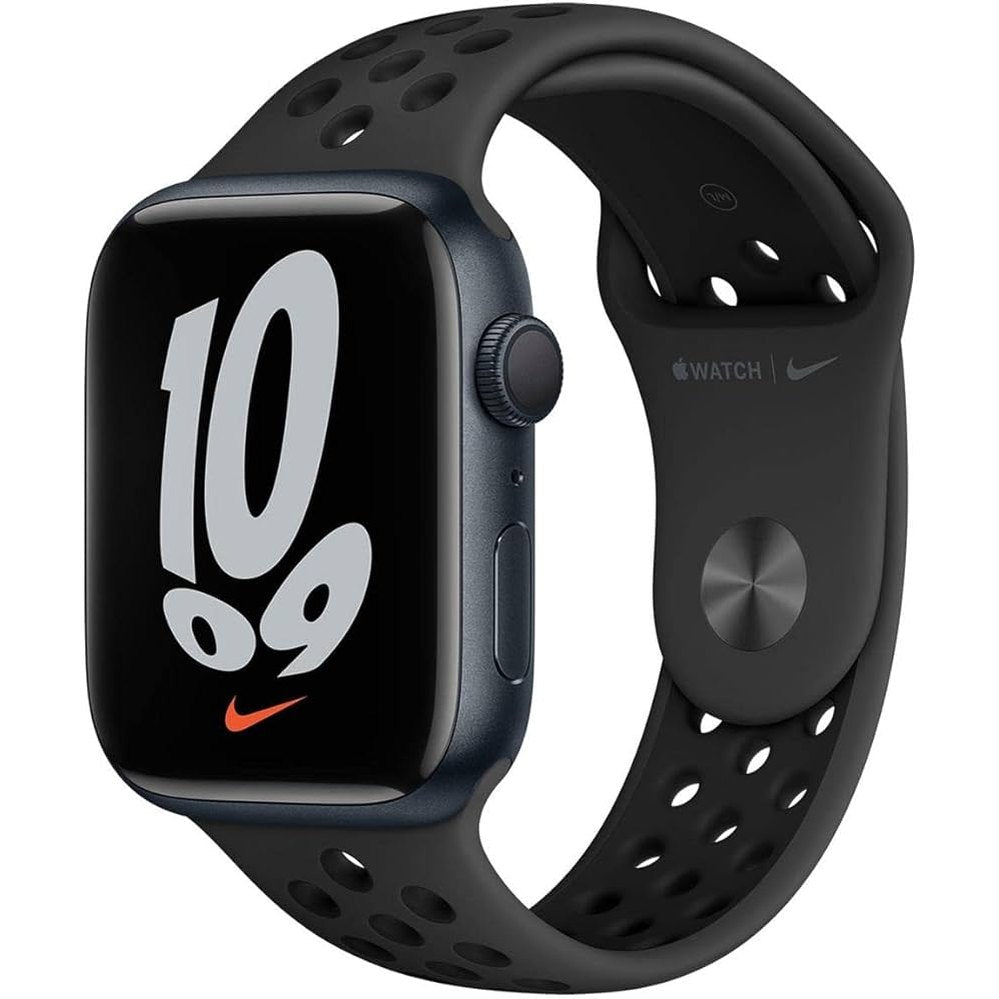 Refurbished Apple Watch Series 7 45mm Nike Edition with black perforated band; orange Nike logo