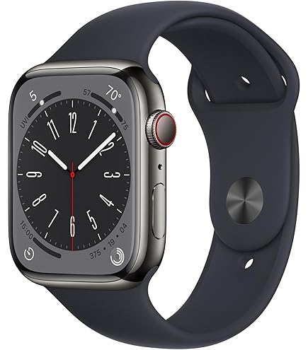 Apple Watch with dark case and black band, black dial with red second hand
