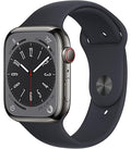 Apple Watch with dark case and black band, black dial with red second hand