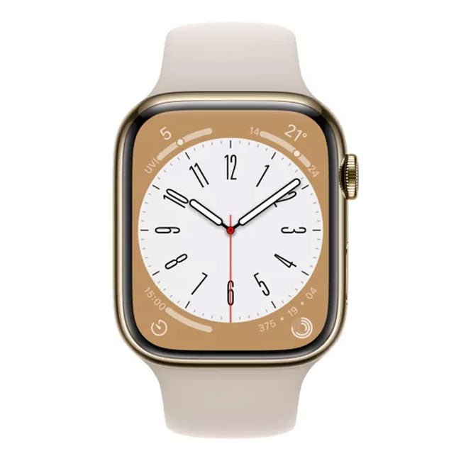 Apple Watch with gold case and cream band, white dial with red second hand