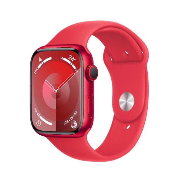 Apple Watch 41mm cellular with red silicone band and red-tinted smartwatch display