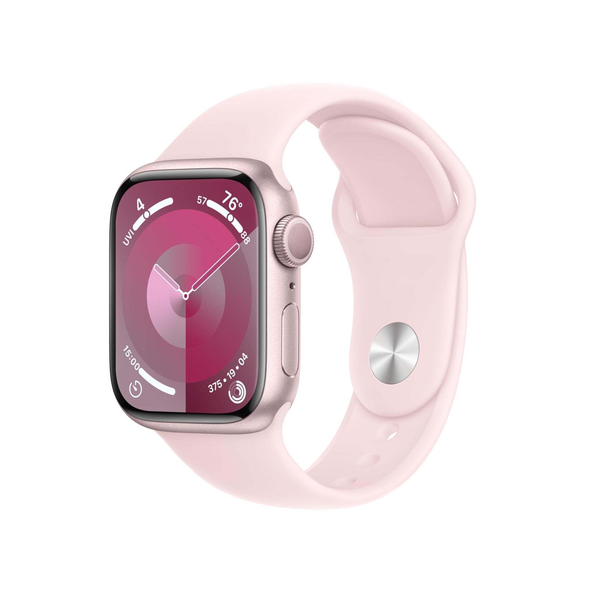 Apple Watch 41mm cellular with pink silicone band and pink-tinted smartwatch display