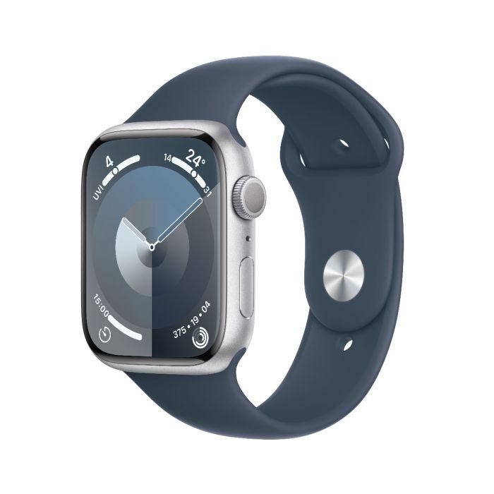 Apple Watch 41mm cellular with dark blue silicone band and silver smartwatch case