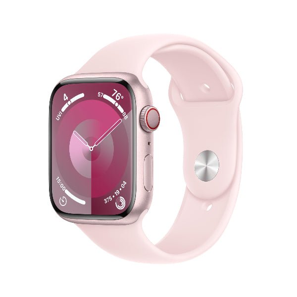 Apple Watch Series 9 45mm smartwatch with pink silicone band and rose-toned display
