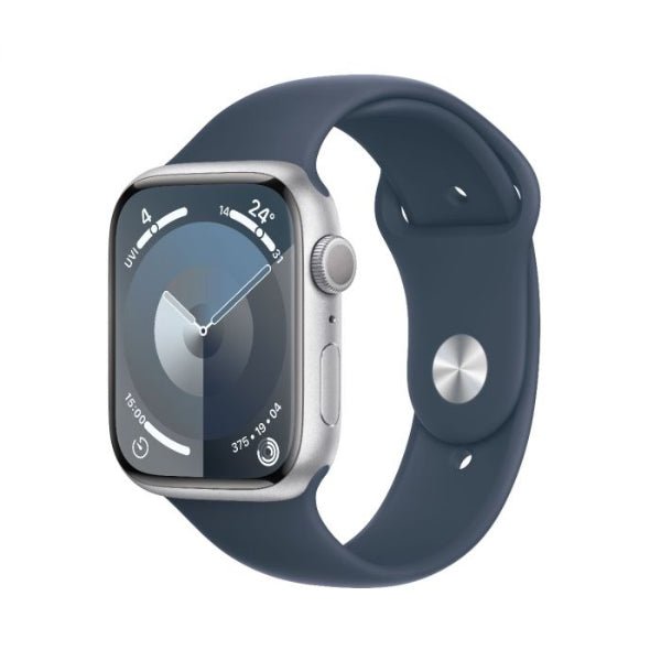Apple Watch Series 9 45mm smartwatch with navy silicone band and silver case
