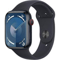 Apple Watch Series 9 45mm smartwatch with dark gray silicone band and blue display
