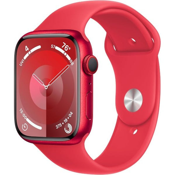 Apple Watch Series 9 41mm smartwatch with red band, silver dial and side button