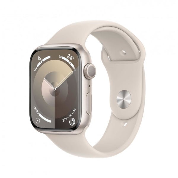 Apple Watch Series 9 45mm smartwatch with light beige silicone band and silver case