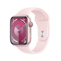 Apple Watch Series 9 45mm smartwatch with pink band, pink digital watch face.