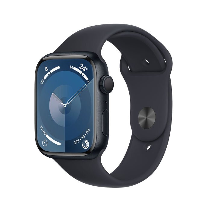 Apple Watch Series 9 45mm smartwatch with black band, blue digital watch face.