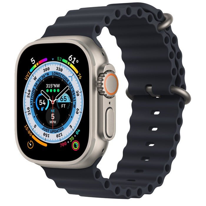 Apple Watch Ultra 49mm in silver titanium with black perforated sport band