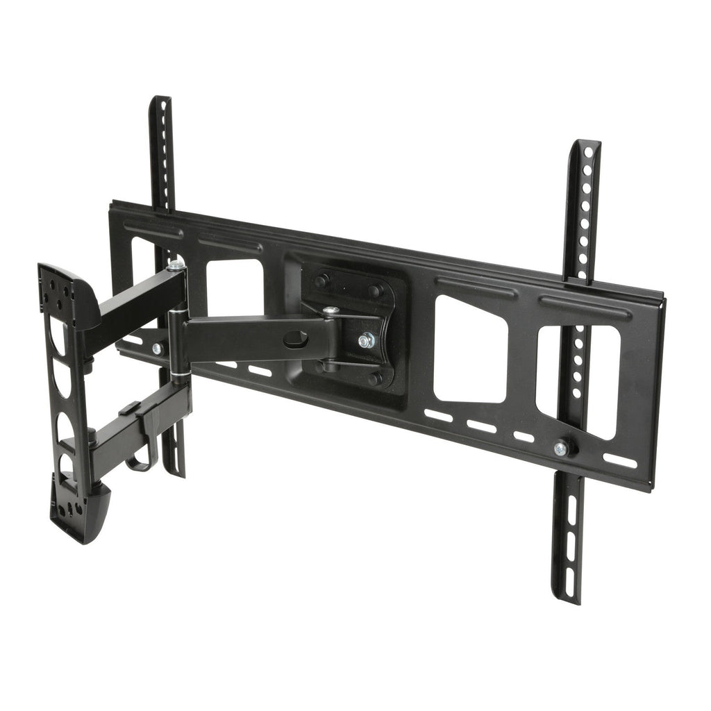 Black full-motion TV wall bracket with double arms, mounting plate, and rails