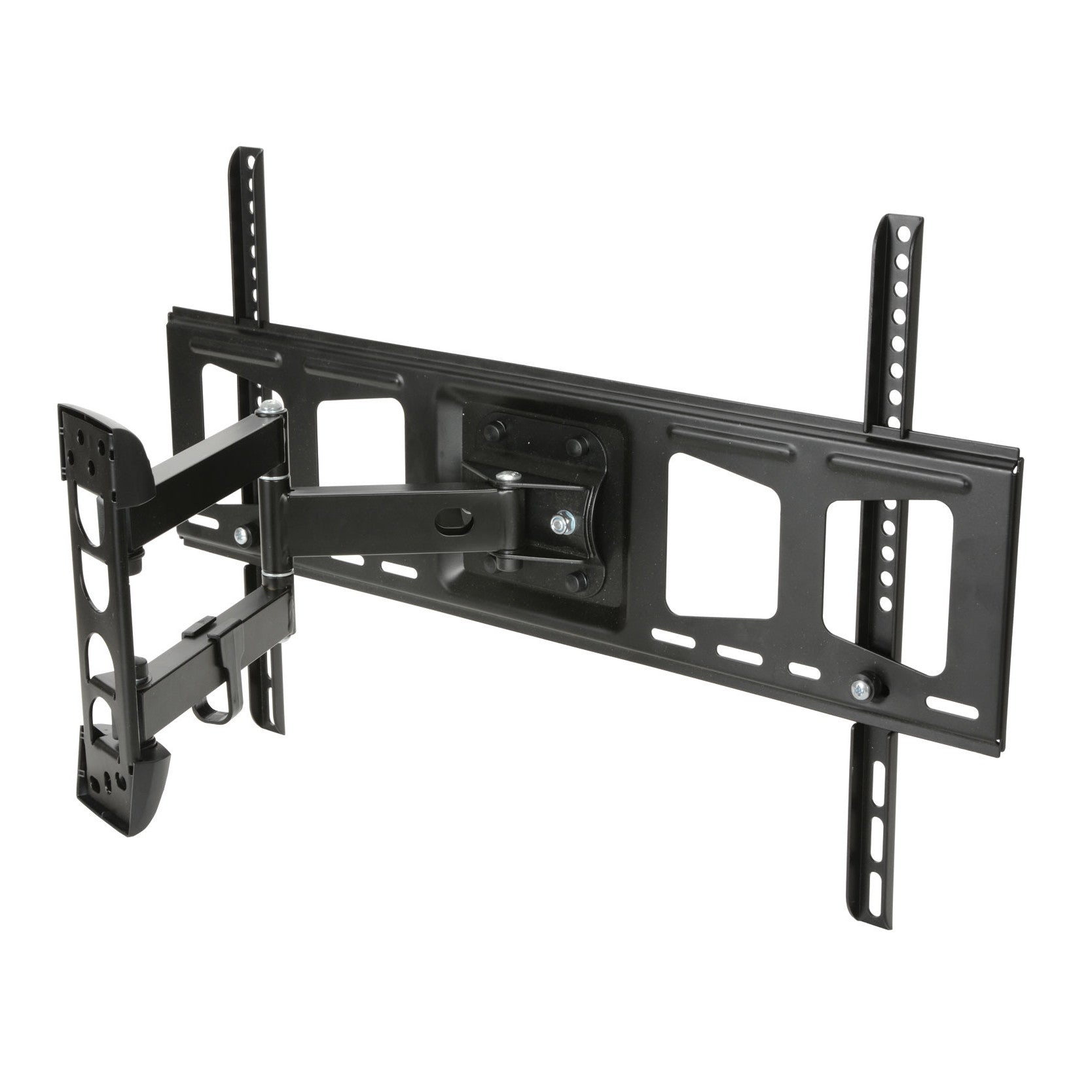 Black full-motion TV wall bracket with double arms, mounting plate, and rails