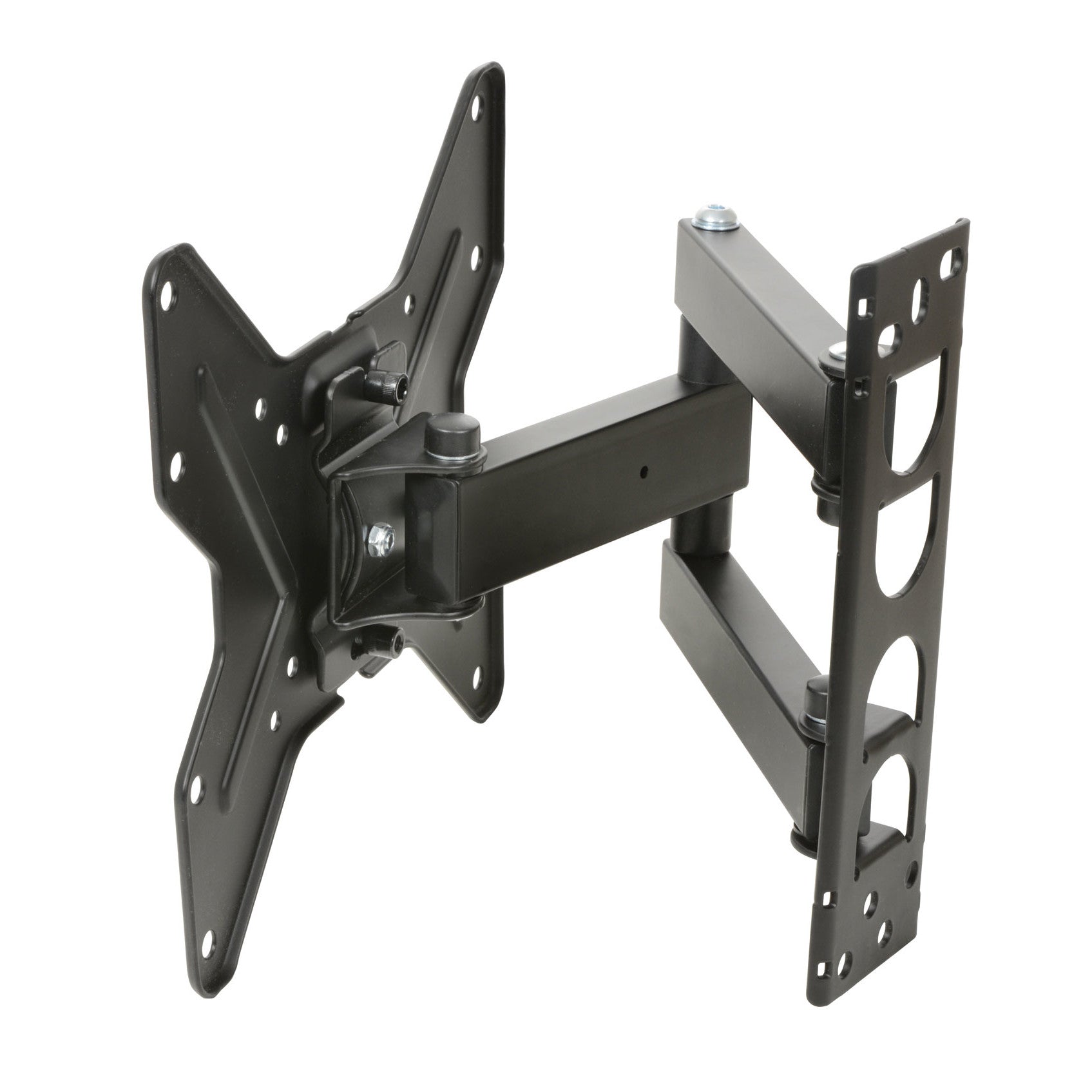 Full-motion double-arm TV wall bracket, black, showing arms and mounting plates