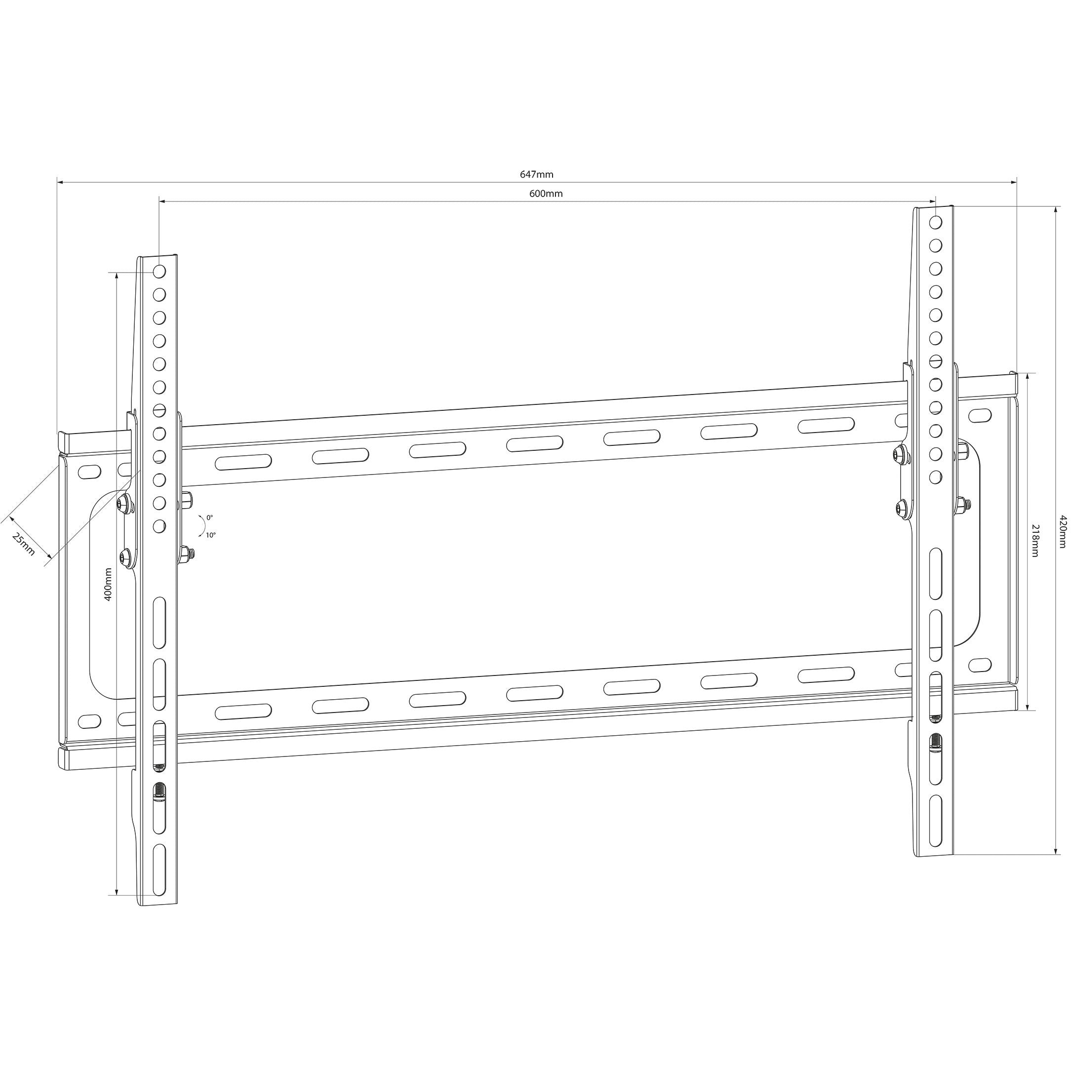 Low-profile tilting TV wall mount bracket diagram with measurements and mounting points